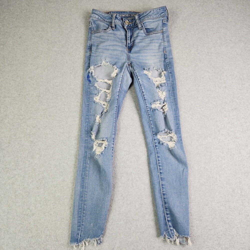 American Eagle Jegging Jeans Women 4S Blue Next Level Stretch Distressed Raw Hem